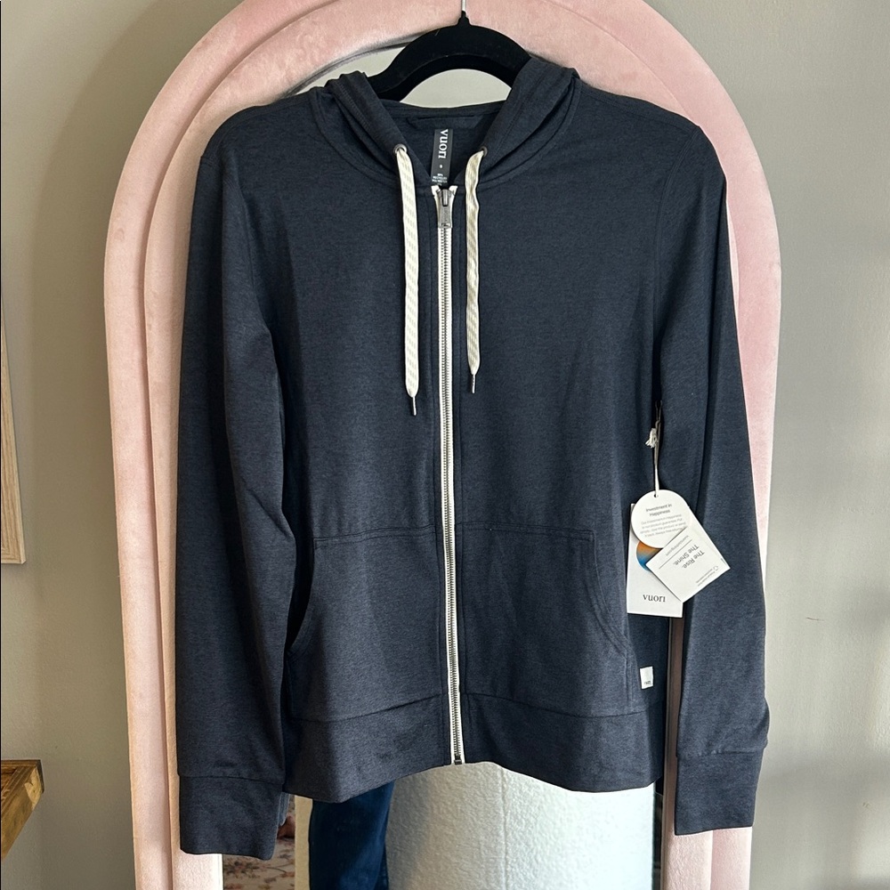 Blue Zip-Up Hoodie with White Drawstrings